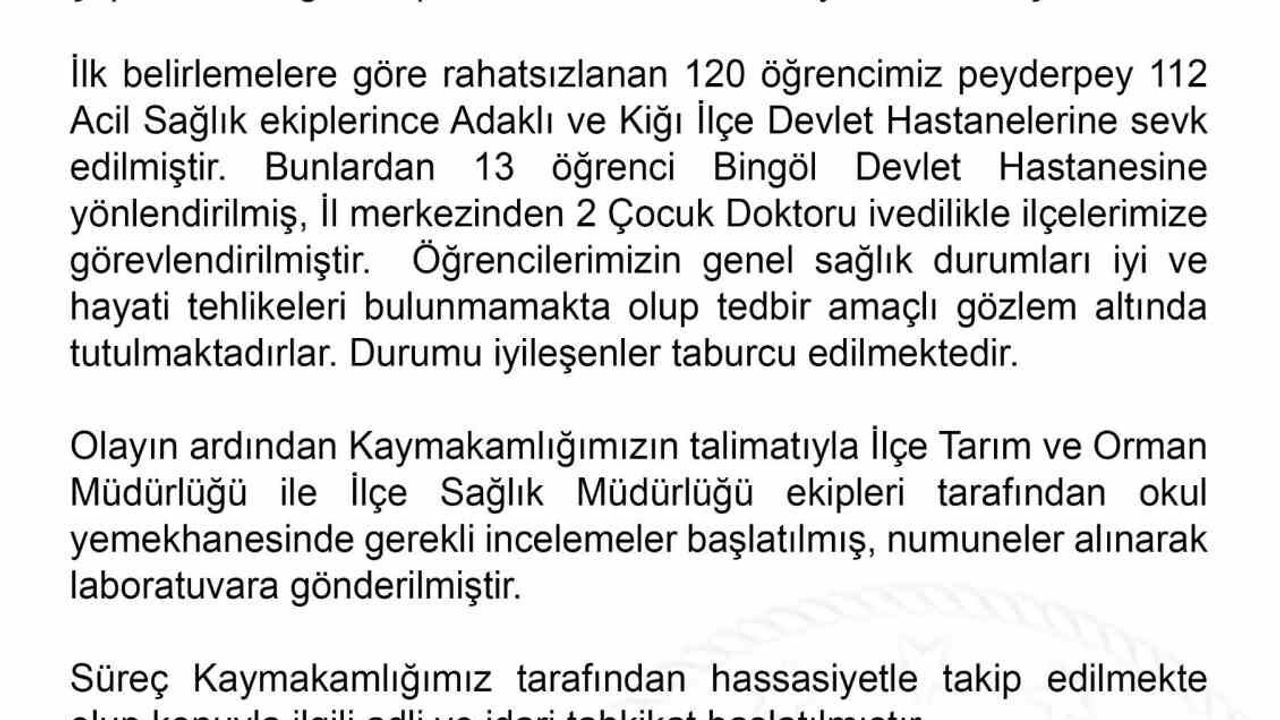 Bingöl'de 120 Öğrenci Gıda Zehirlenmesi Şüphesiyle Hastaneye Kaldırıldı