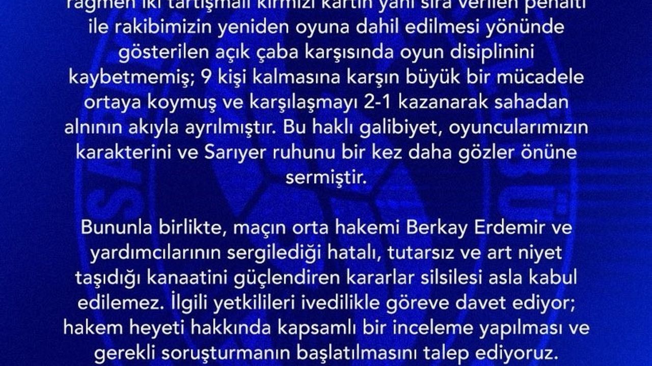 Sarıyer, Vanspor Maçının Hakem Heyeti İçin Soruşturma İstedi