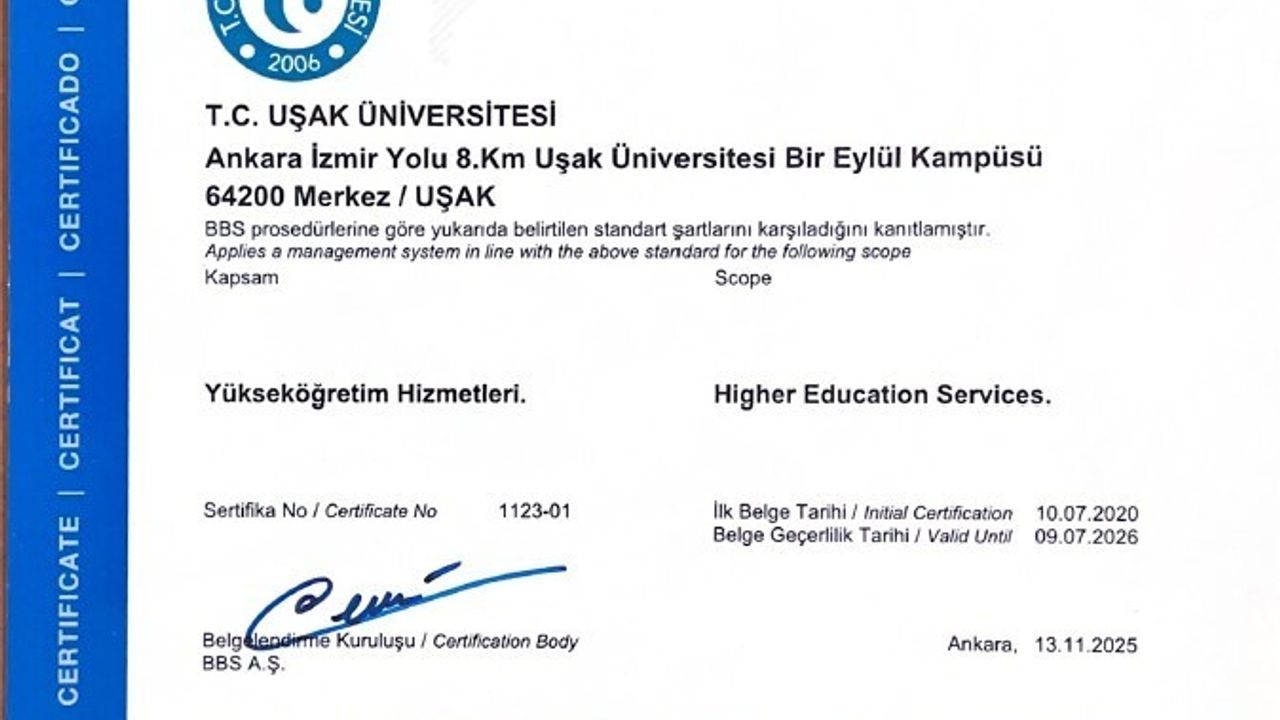 Uşak Üniversitesi Kalite Yönetim Sertifikasını Yeniledi