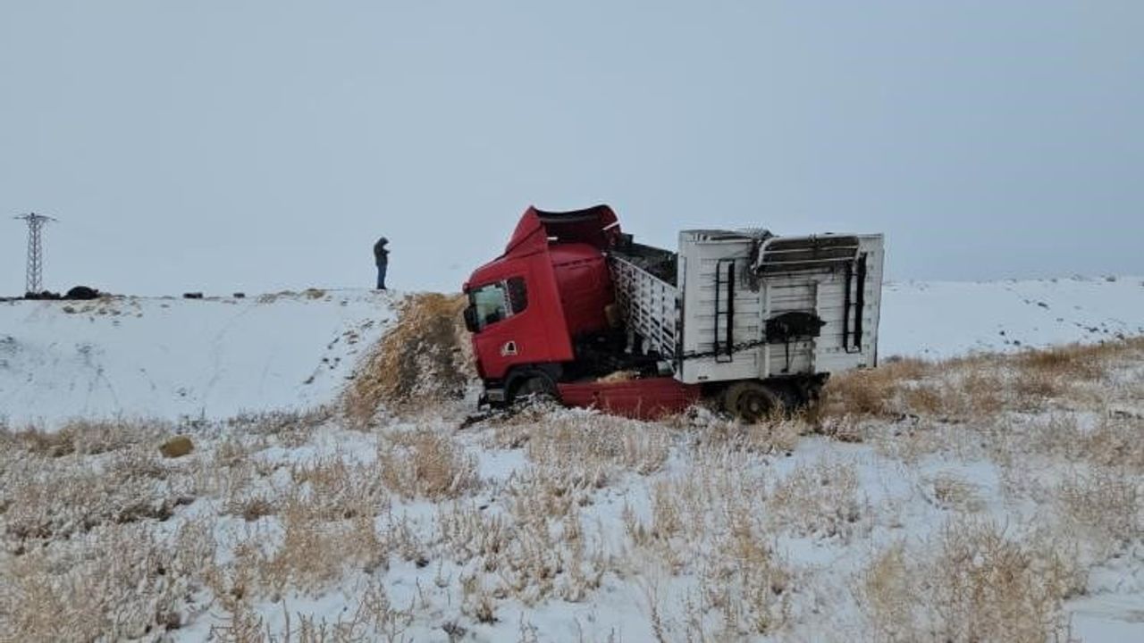 Adilcevaz'da Briket Yüklü Tır Devrildi
