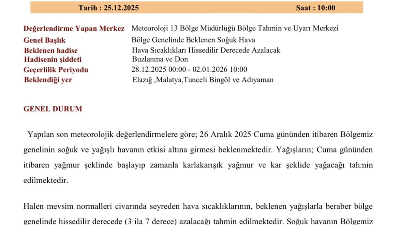 Cuma Günü 5 İlde Soğuk ve Yağışlı Hava Uyarısı