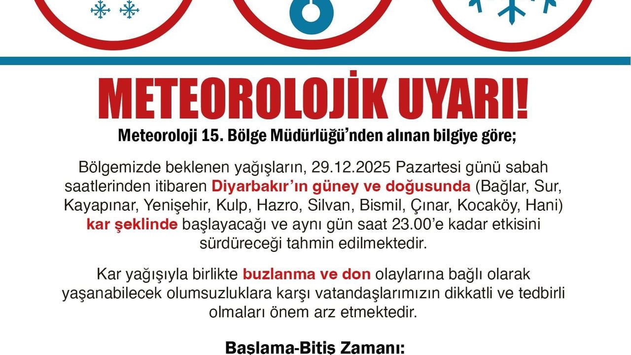 Diyarbakır'da Kar Yağışı Uyarısı