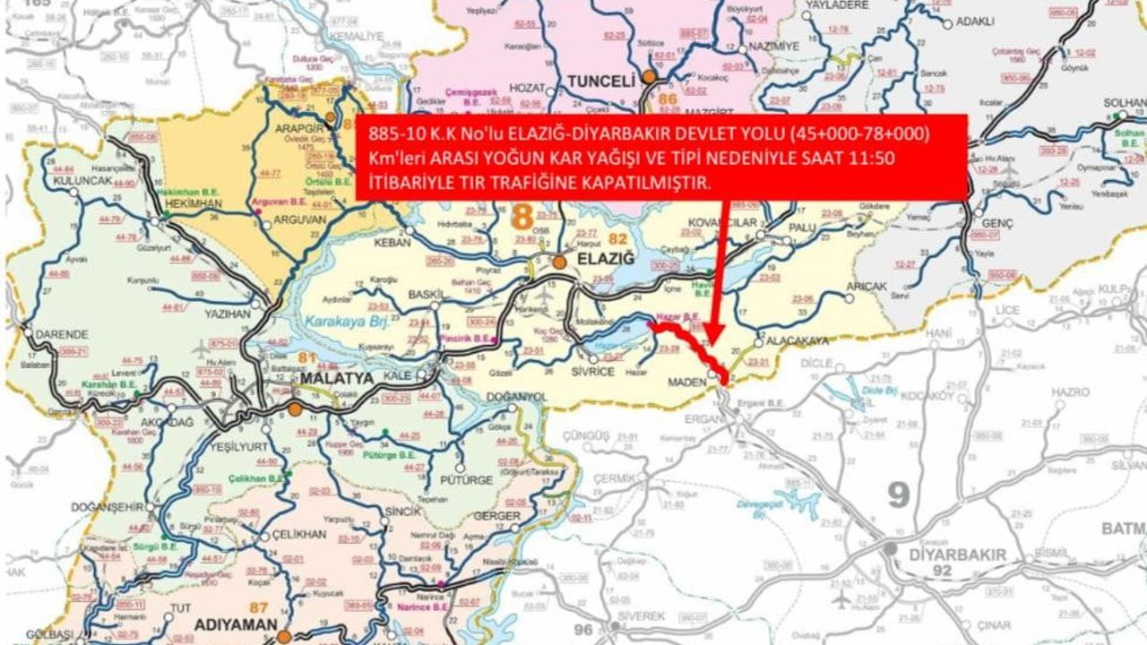 Elazığ-Diyarbakır Karayolu Geçici Olarak Kapandı