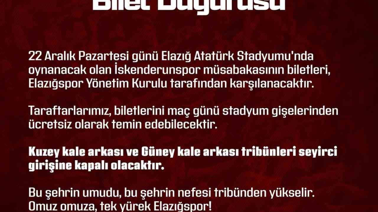 Elazığspor, İskenderunspor Maçının Biletlerini Ücretsiz Dağıtıyor