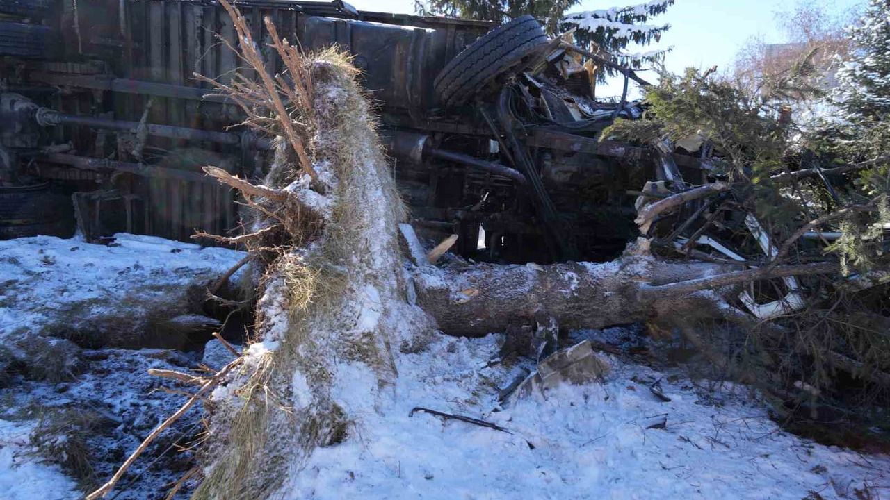 Erzurum'da Kamyon Devrildi, Ağaç Kökünden Söküldü