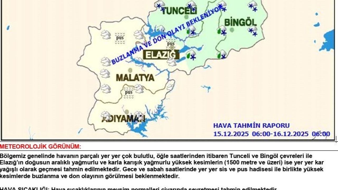 Meteorolojiden Kar Uyarısı: Elazığ, Bingöl ve Tunceli İçin Yağmur ve Kar Bekleniyor