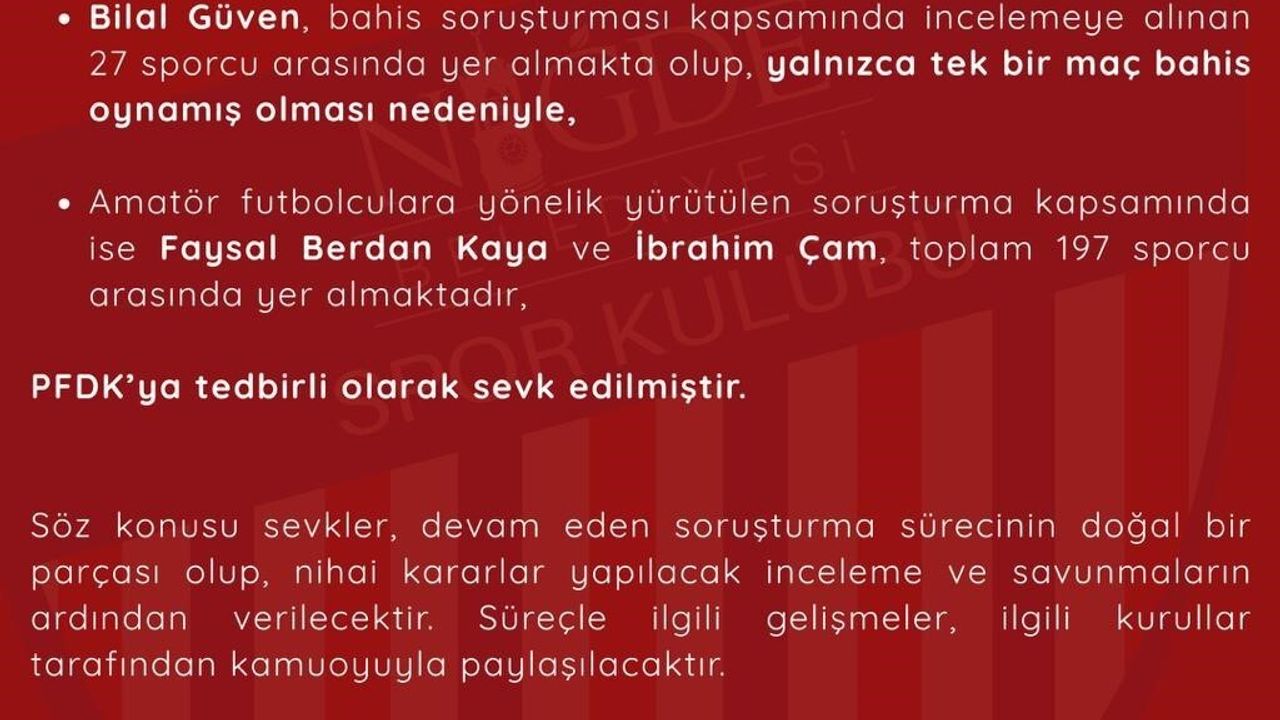 Niğde Belediyespor'dan Bahis Soruşturması Açıklaması