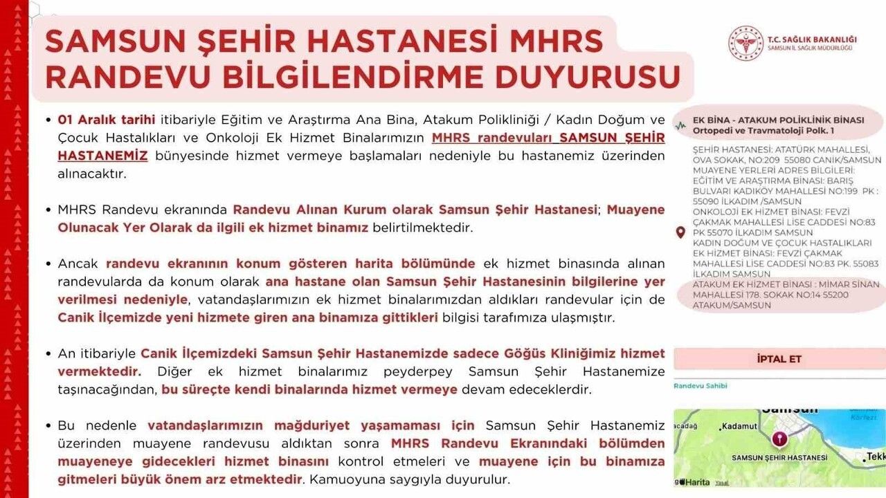 Samsun Şehir Hastanesi Randevu Bilgisi Önemli Duyuru