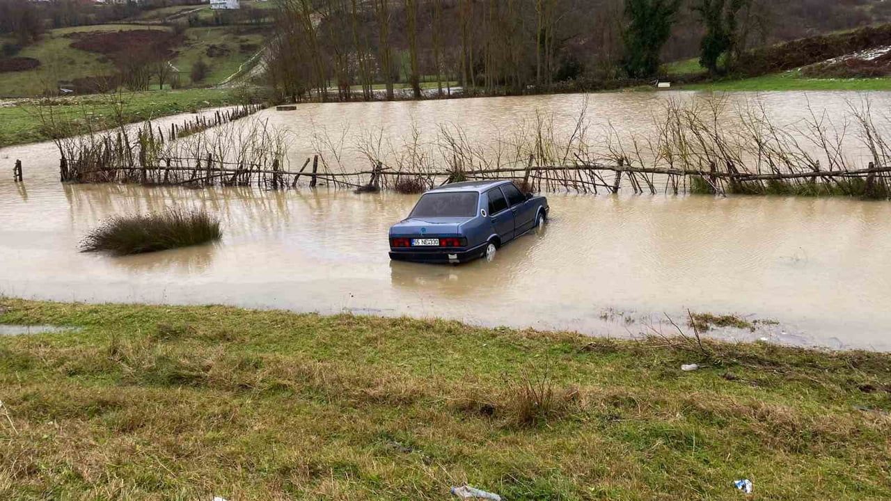 Sinop'ta Kontrolden Çıkan Otomobil Su Birikintisine Düştü