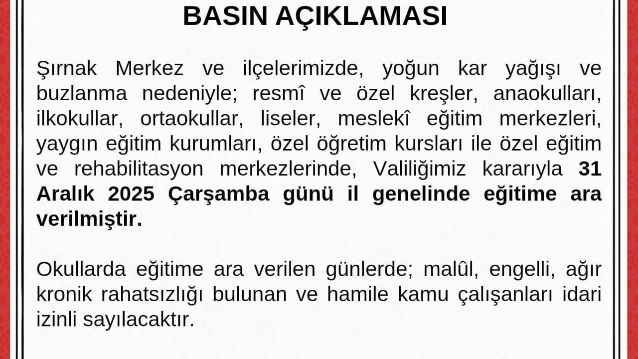 Şırnak'ta Okul Tatili Resmi Olarak Duyuruldu
