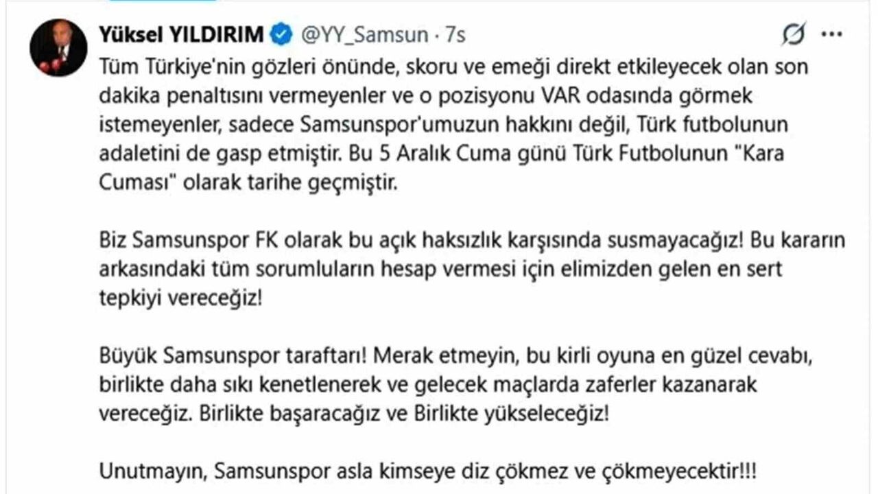 Yüksel Yıldırım'dan Sert Açıklama: Samsunspor Diz Çökmeyecek