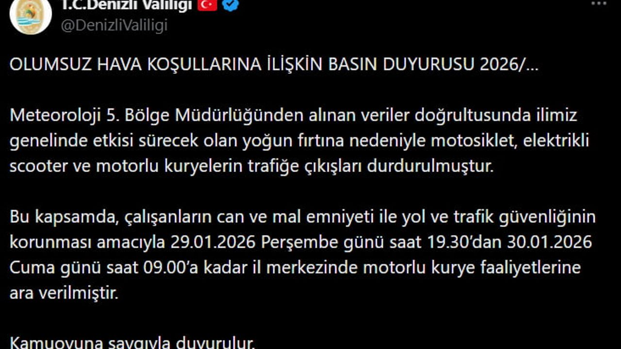 Denizli'de Fırtına Nedeniyle Motorlu Kurye Faaliyetleri Durduruldu