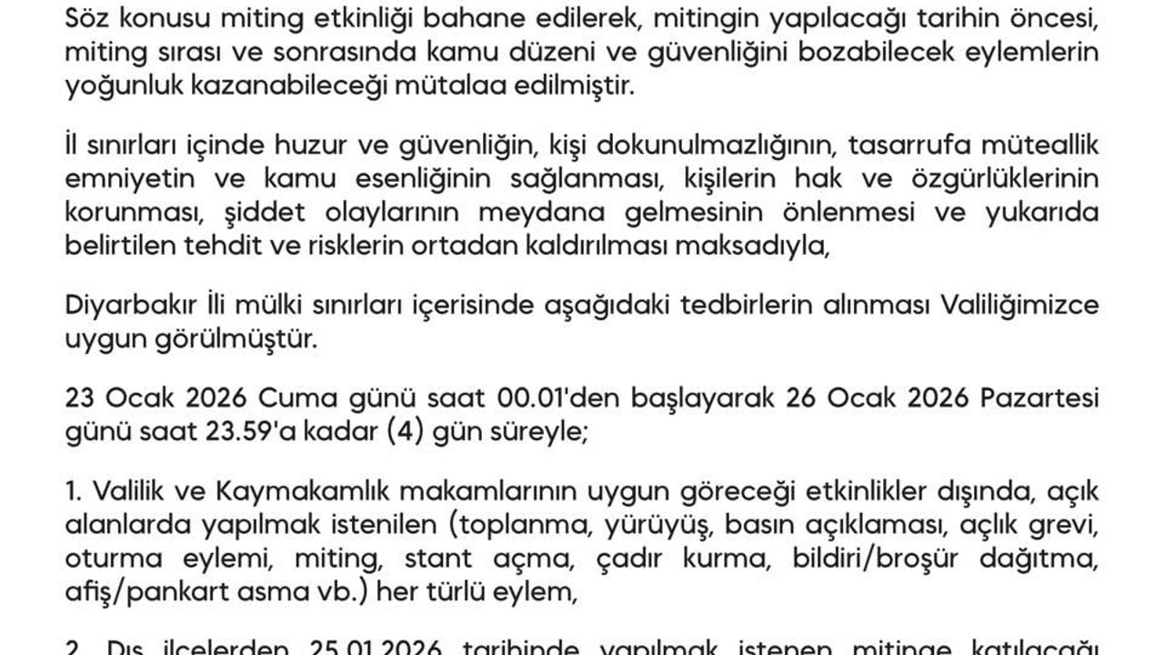 Diyarbakır'da 4 Günlük Gösteri ve Yürüyüş Yasakları
