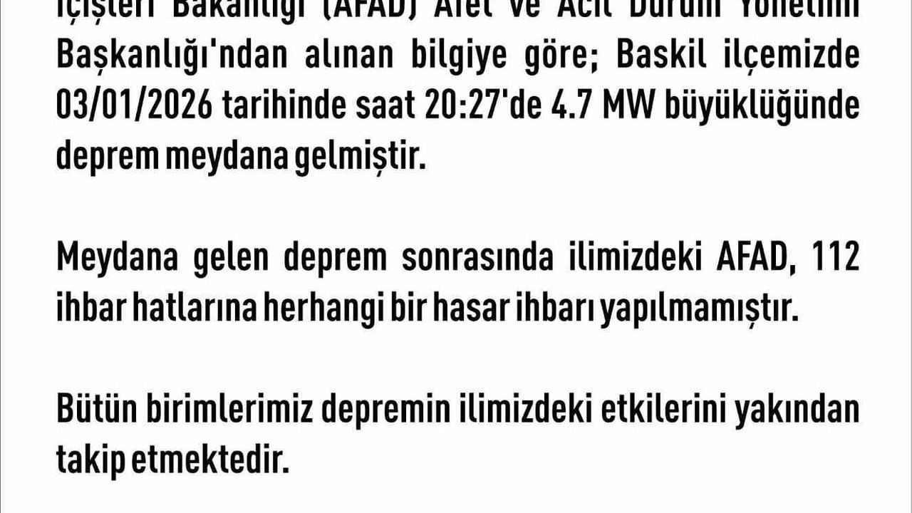 Elazığ'da 4.7 Büyüklüğünde Deprem: Hasar İhbarı Yok