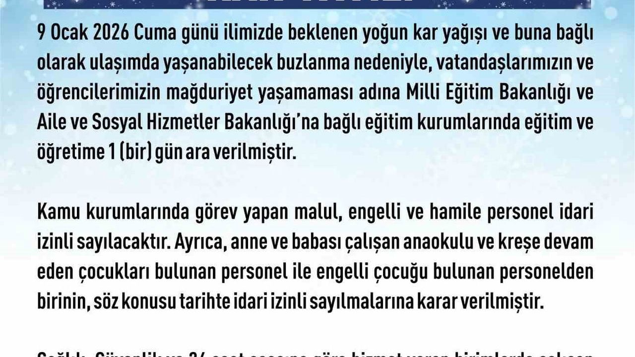 Elazığ'da Kar Yağışı Nedeniyle Eğitime Ara Verildi