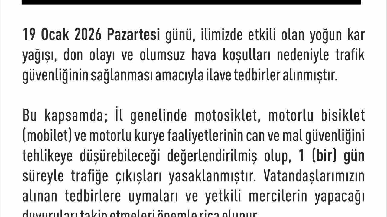 Elazığ'da Motosiklet ve Motorlu Araçlar İçin Trafik Yasağı