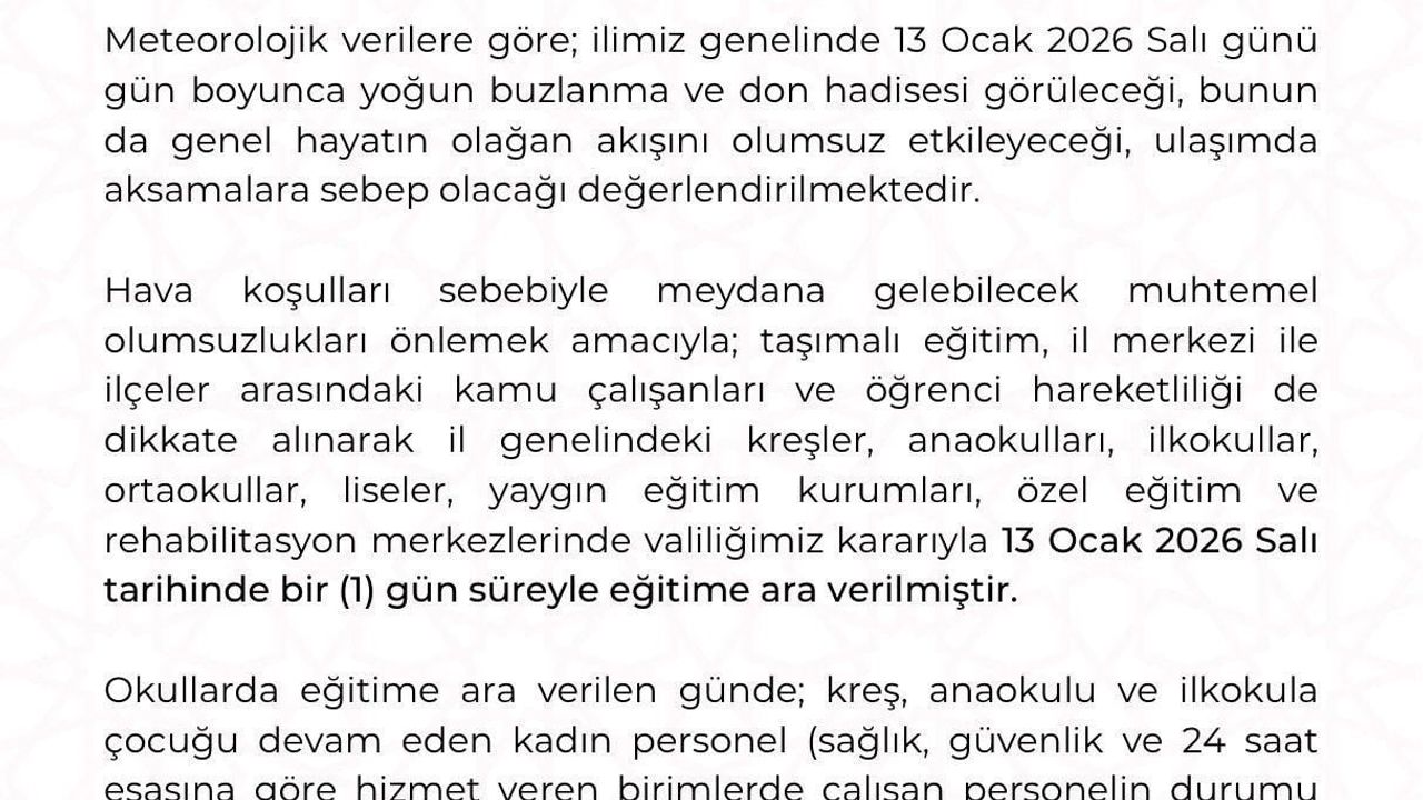 Kayseri'de Eğitime 1 Gün Ara Verildi