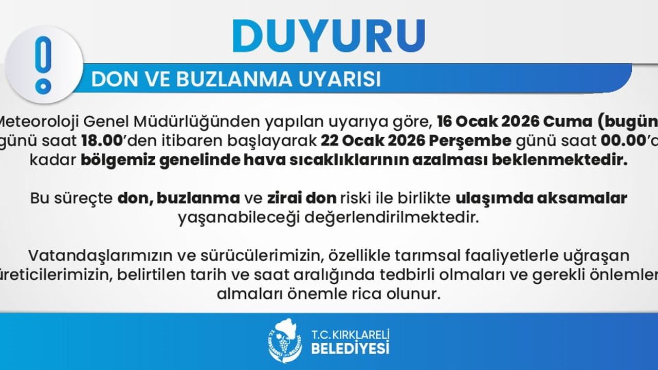 Kırklareli'de Don ve Buzlanma Uyarısı 6 Gün Sürecek