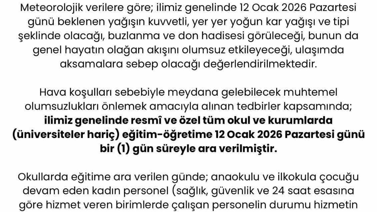 Sakarya'da Eğitime Kar Tatili Uygulaması