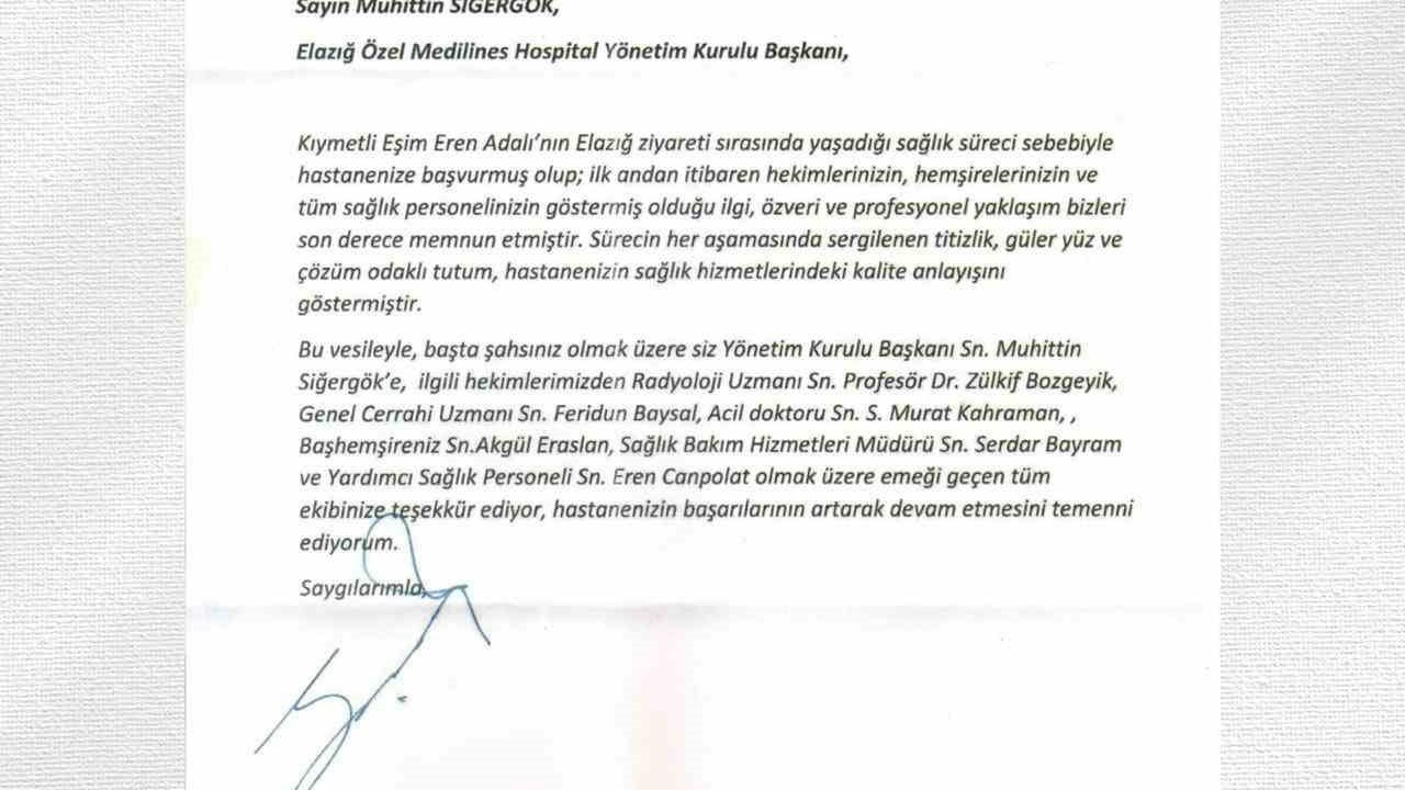 Serdal Adalı'dan Medilines Hospital'a Teşekkür Mesajı