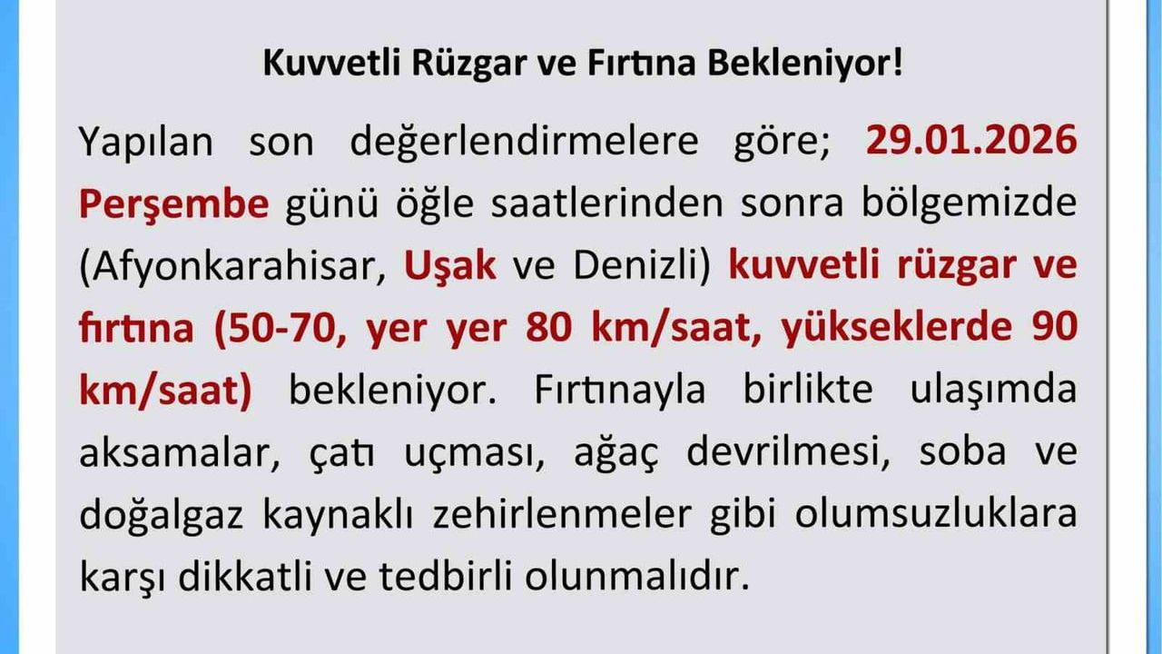 Uşak'ta Kuvvetli Rüzgar ve Fırtına Uyarısı