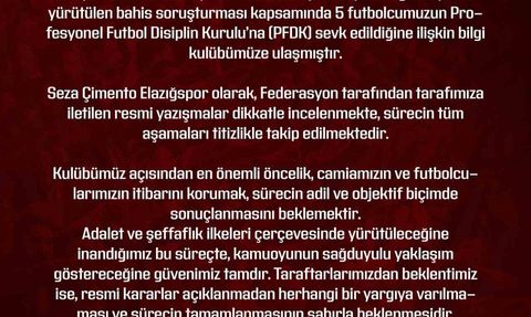 Elazığspor Bahis Soruşturması Hakkında Açıklama Yaptı