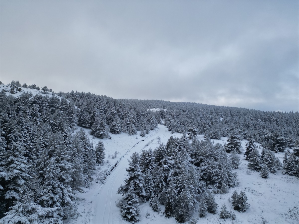 Çankırı'nın Yapraklı ilçesindeki dağların karlı manzarası havadan görüntülendi.