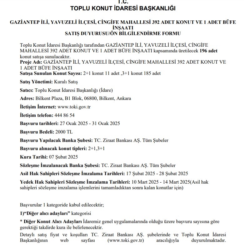 TOKİ'den Gaziantep'te Uygun Fiyatlı Konut Satışı Başladı