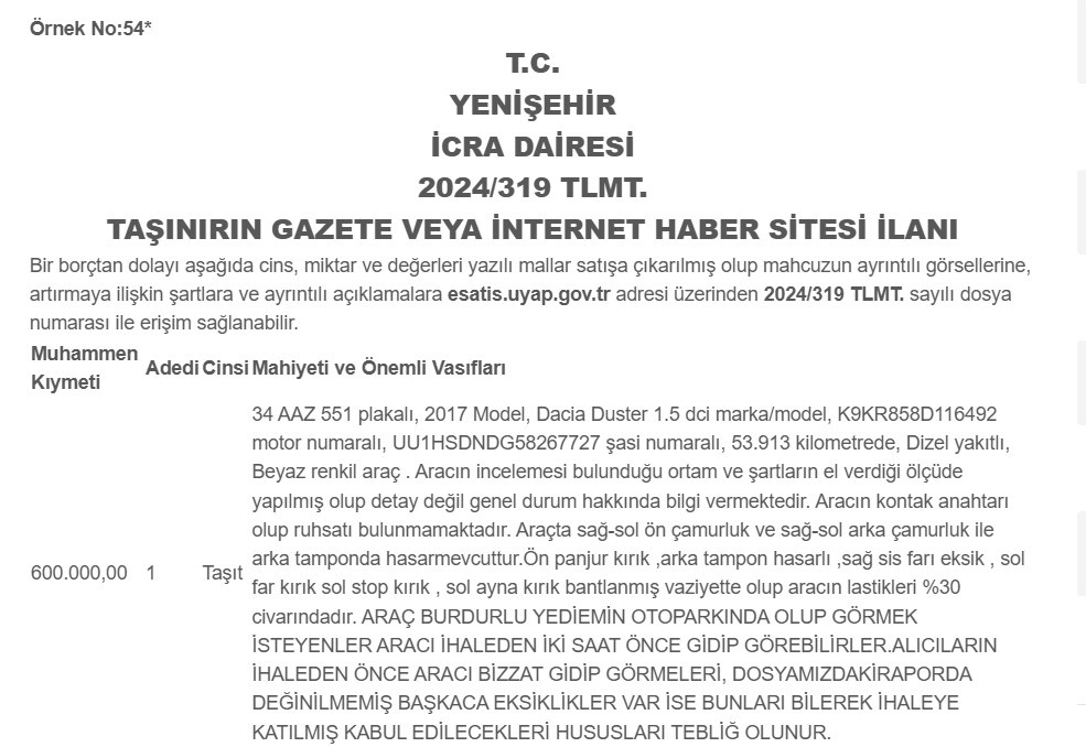 Ucuza araç arayanlar dikkat! Yenişehir’den 650.000 TL’ye Dacia Duster fırsatı!