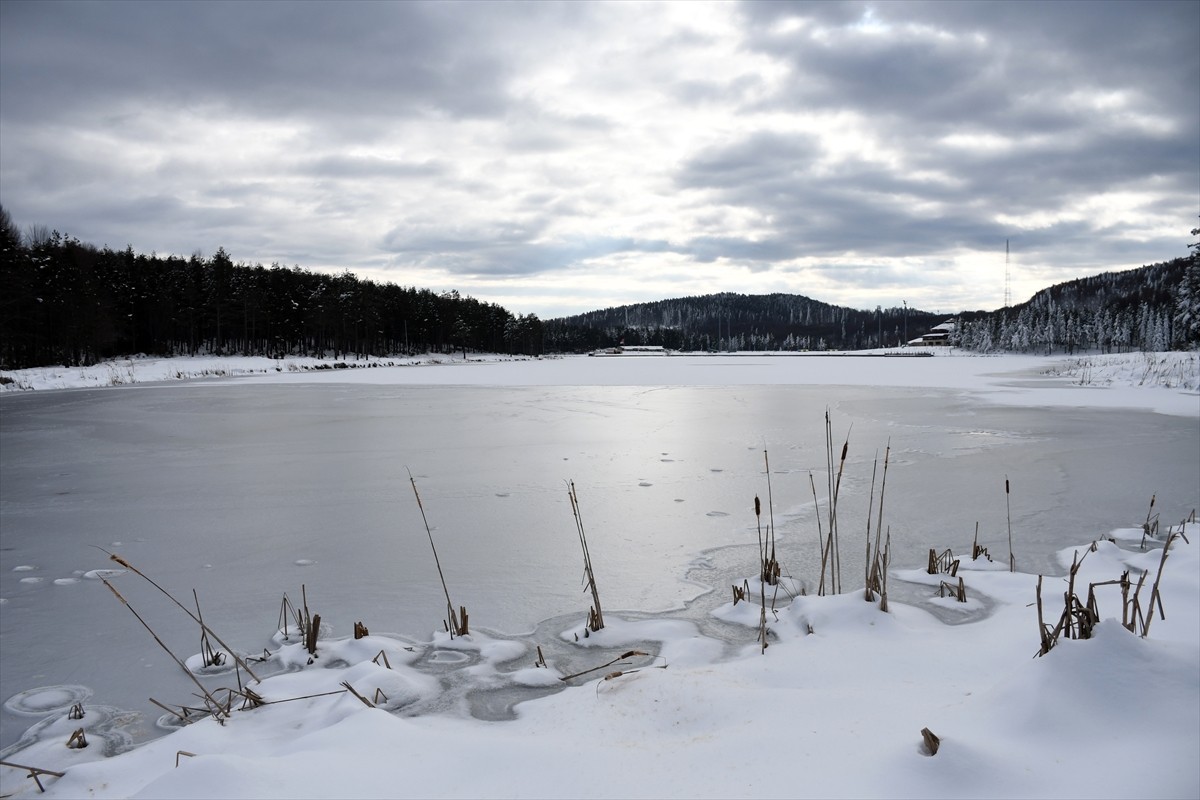 Düzce'nin Kaynaşlı ilçesinde kar yağışının ardından beyaz örtüyle kaplanan Topuk Yaylası Göleti ve...