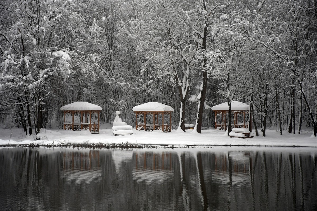 Düzce'nin Kaynaşlı ilçesinde kar yağışının ardından beyaza bürünen Korugöl Tabiat Parkı'nda güzel...
