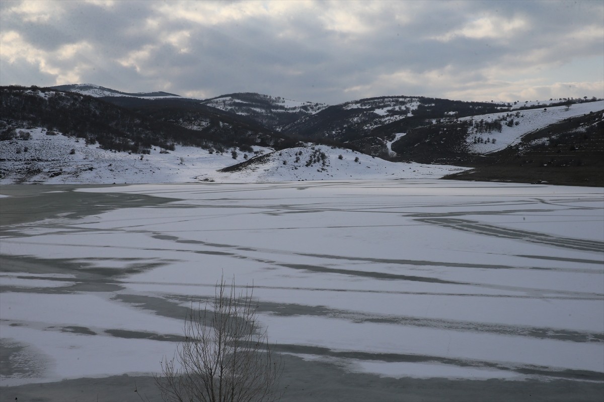 Tokat'ta soğuk hava nedeniyle Artova Göleti'nin yüzeyi buzla kaplandı.