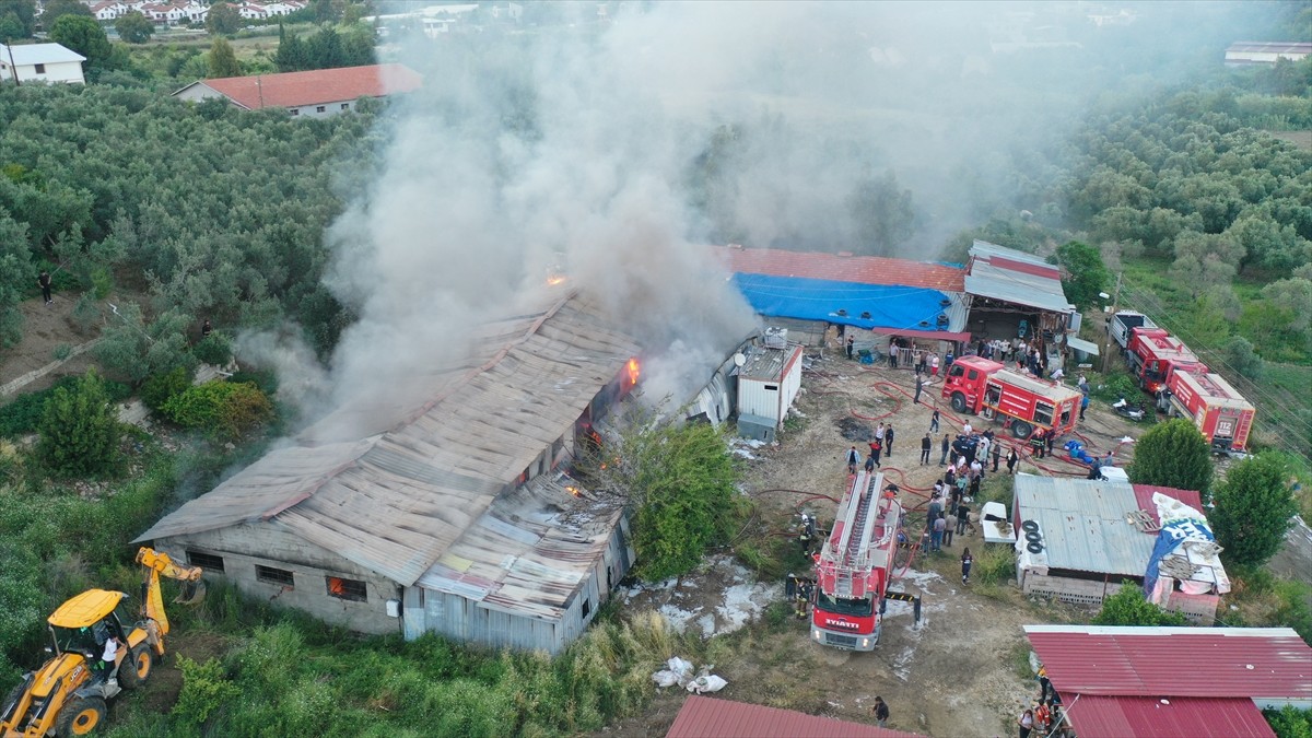  Hatay'ın Defne ilçesinde tekstil atölyesinde çıkan yangına itfaiye ekipleri müdahale ediyor.