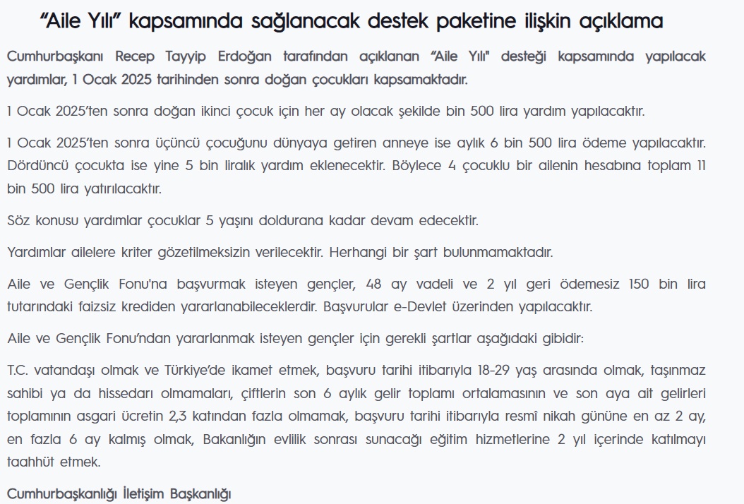 Aile Destek Paketi ile Ailelere 1500 TL Müjdesi