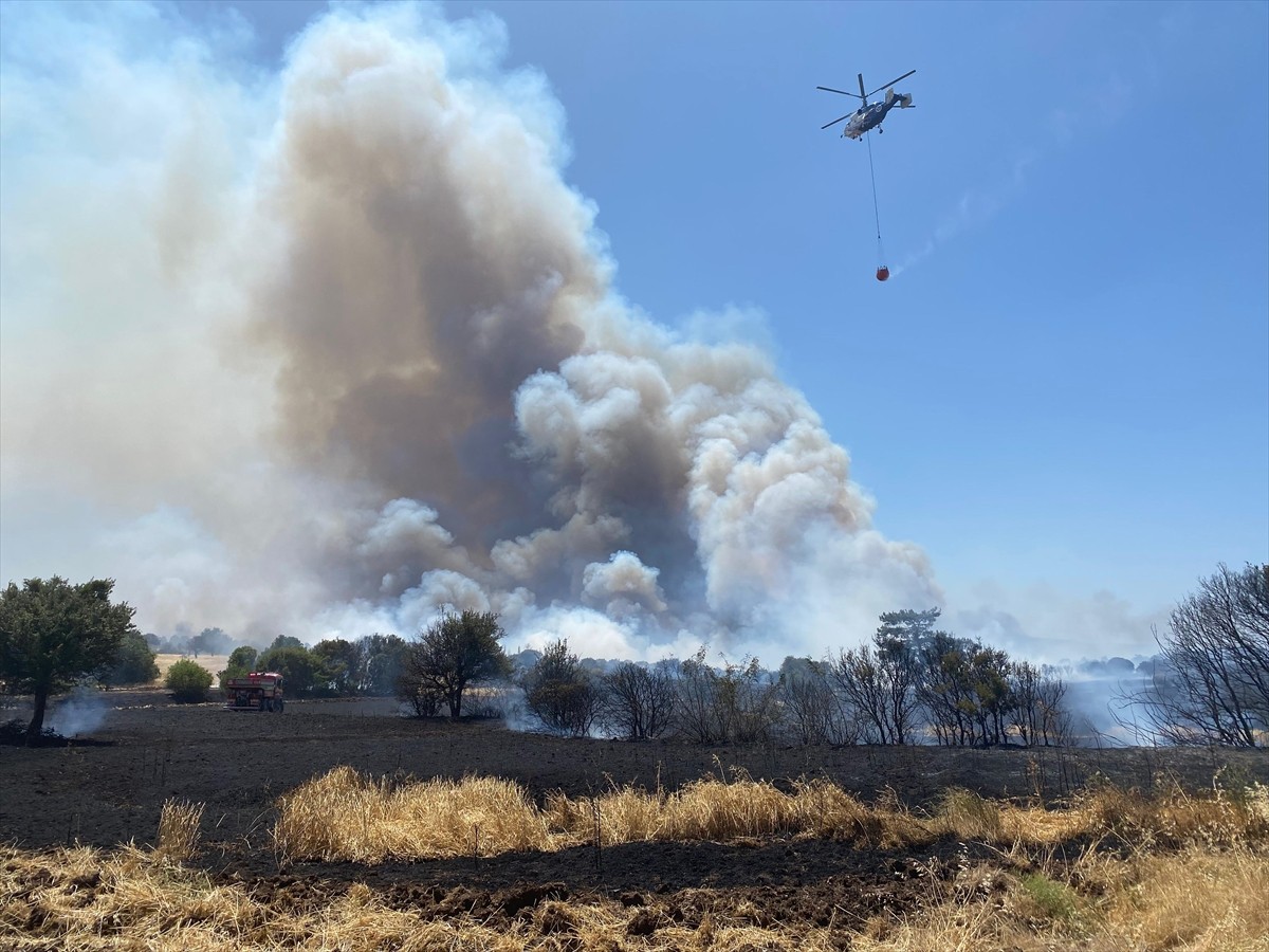 Çanakkale'nin Ezine ilçesinde tarım arazisinde başlayan yangına havadan ve karadan müdahale...