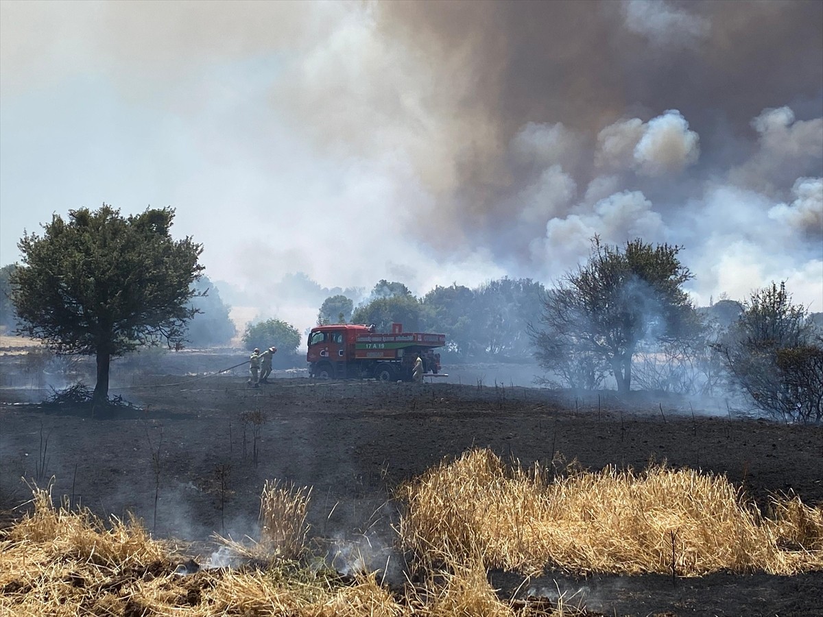Çanakkale'nin Ezine ilçesinde tarım arazisinde başlayan yangına havadan ve karadan müdahale...