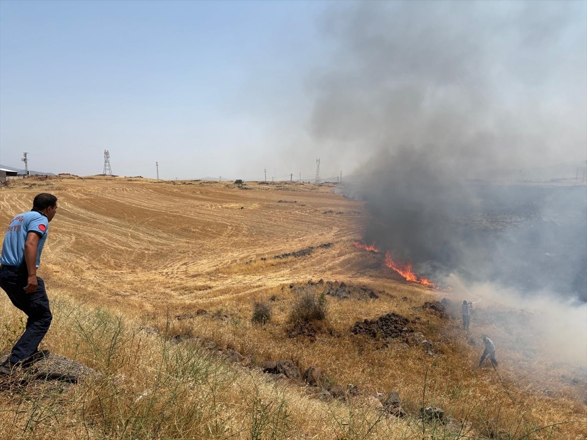 Gaziantep'in İslahiye ilçesinde yaklaşık 300 dönümlük alanda çıkan anız yangını, ekiplerin...