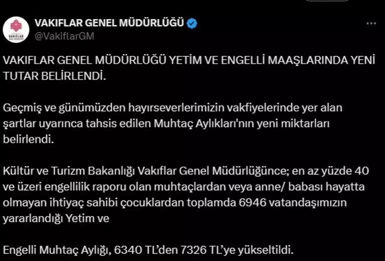 Vakıflar Genel Müdürlüğü Desteklerine Yeni Artış! O kesime müjde geldi