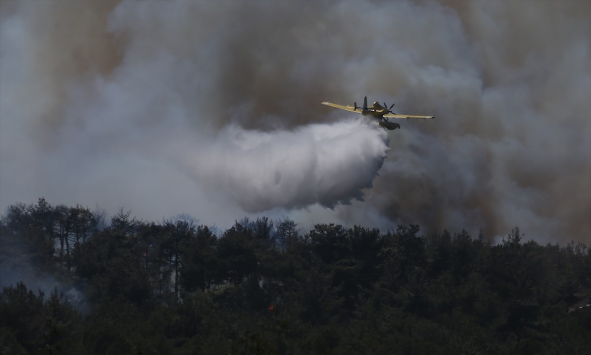 Çanakkale'nin merkez ilçesine bağlı Kepez beldesinde çıkan orman yangınına havadan ve karadan...
