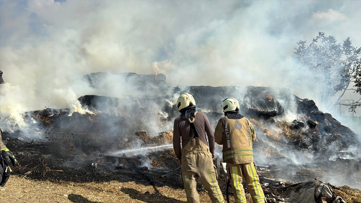 Büyükçekmece'de, saman balyalarının bulunduğu ahırda çıkan yangın itfaiye ekiplerince...