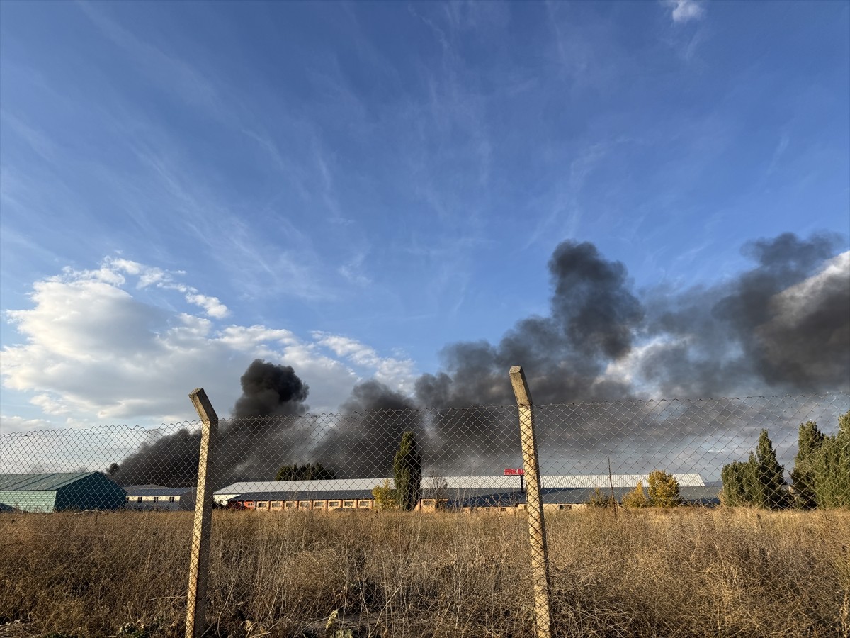 Erzurum Organize Sanayi Bölgesi'ndeki (OSB) bir boya üretim tesisinde çıkan yangına ekiplerce...