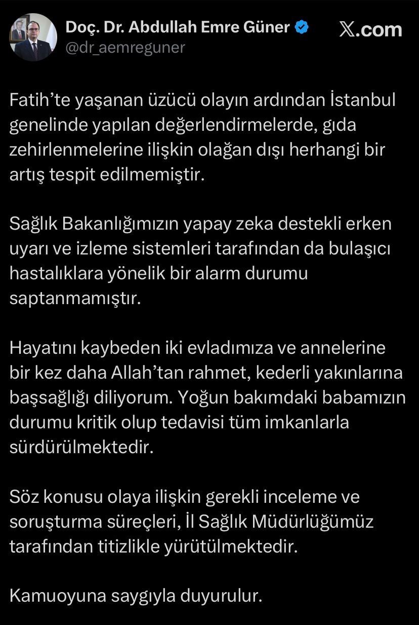 İSTANBUL İL SAĞLIK MÜDÜRÜ GÜNER’DEN GIDA ZEHİRLENMESİ AÇIKLAMASI