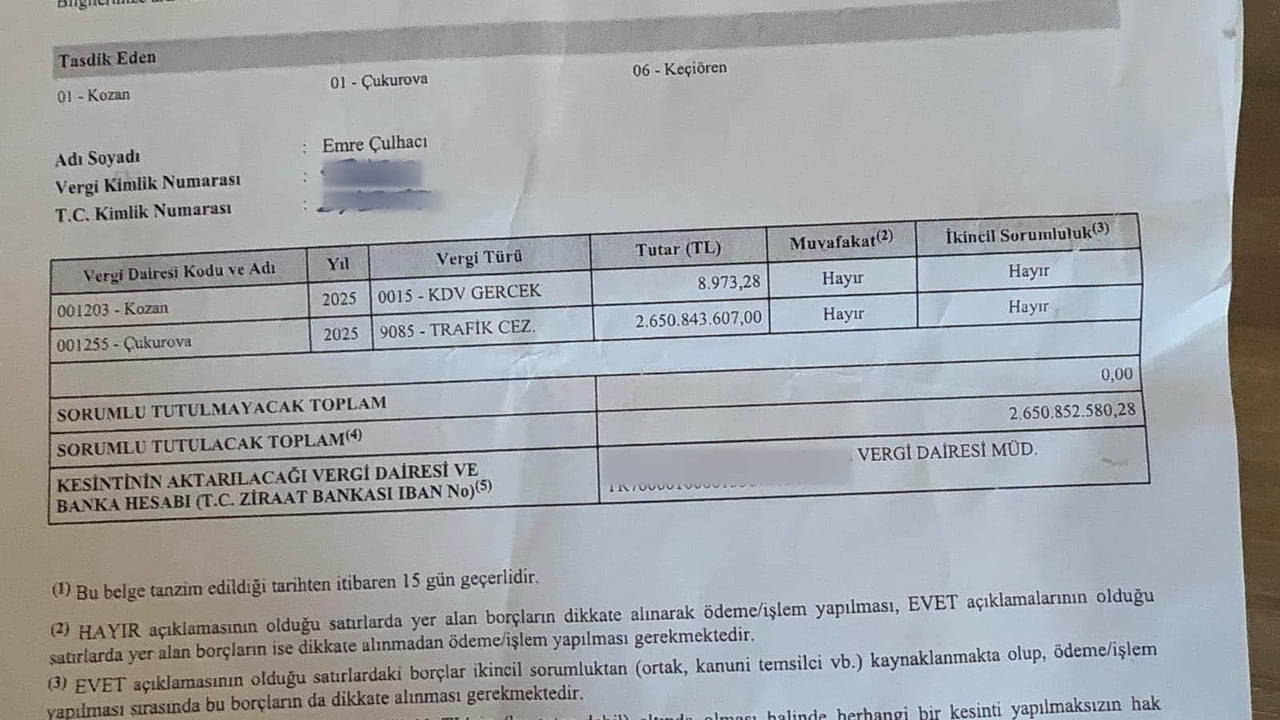ADANA’NIN KOZAN İLÇESİNDE AVUKAT EMRE ÇULHACI, TRAFİK CEZASI ADINA 2 MİLYAR 650 MİLYON 843 BİN 607...