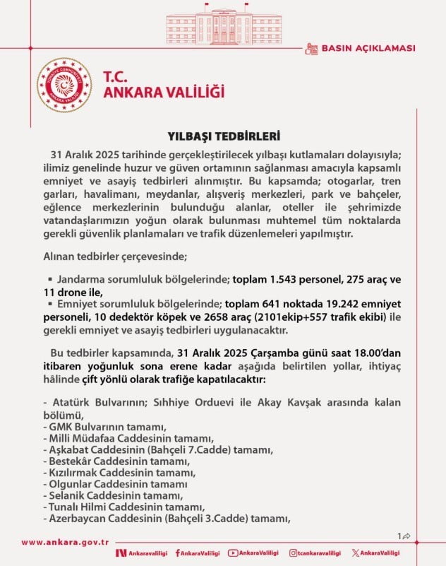 ANKARA VALİLİĞİ, YILBAŞI TEDBİRLERİ NEDENİYLE KENTTE 19 BİN 242 EMNİYET PERSONELİ İLE GEREKLİ...