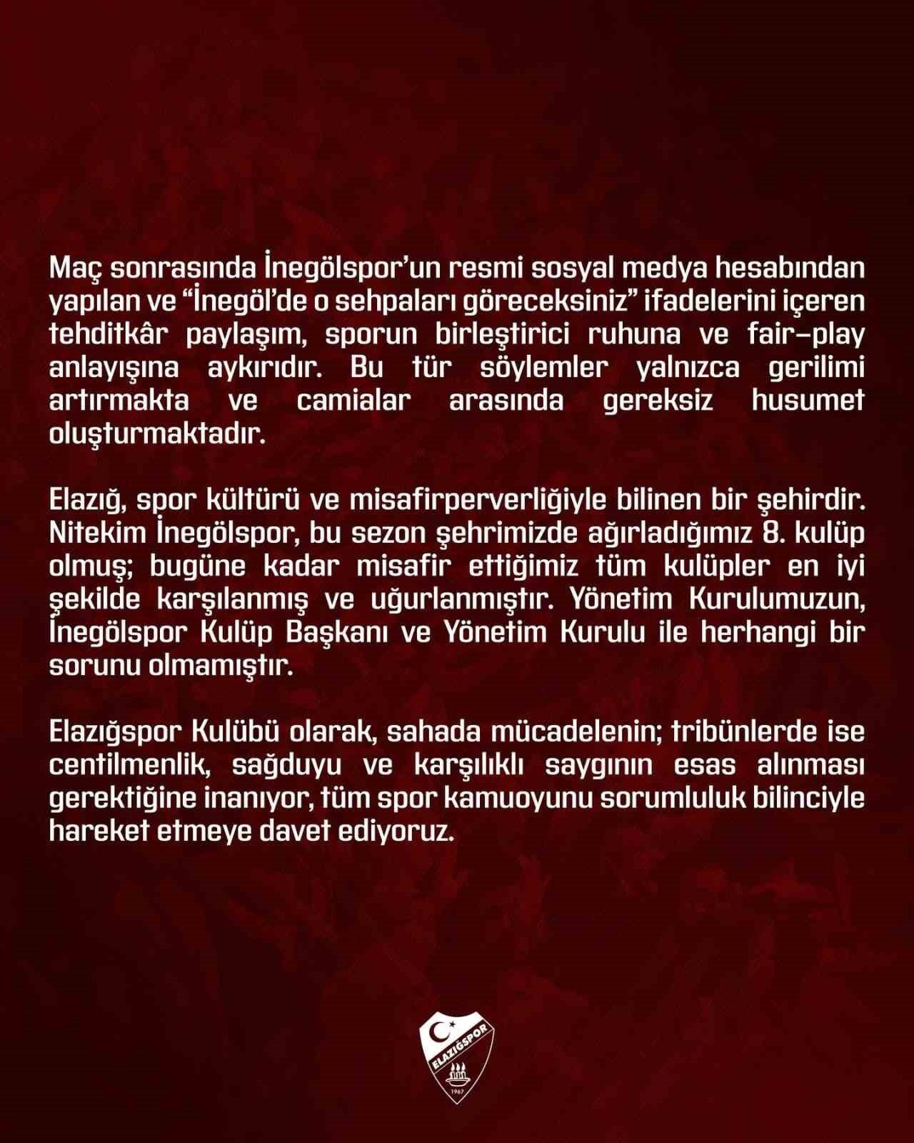 ELAZIĞSPOR’DAN İNEGÖLSPOR MAÇI AÇIKLAMASI