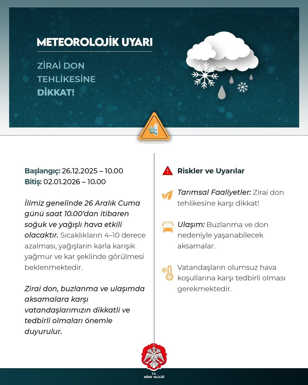 NİĞDE VALİLİĞİ’NDEN METEOROLOJİK UYARI: SOĞUK HAVA, KAR YAĞIŞI VE ZİRAİ DON...