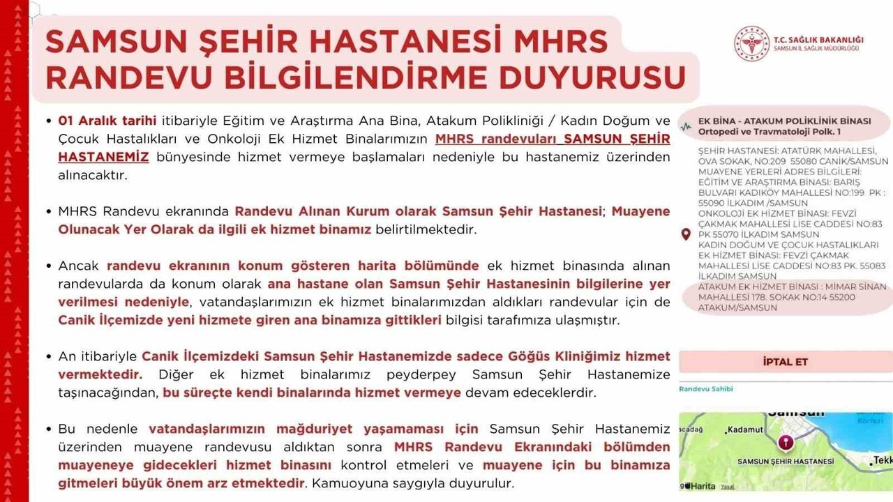 SAMSUN ŞEHİR HASTANESİ İÇİN MHRS ÜZERİNDEN ALINAN RANDEVULARDA, MUAYENENİN GERÇEKLEŞTİRİLECEĞİ EK...