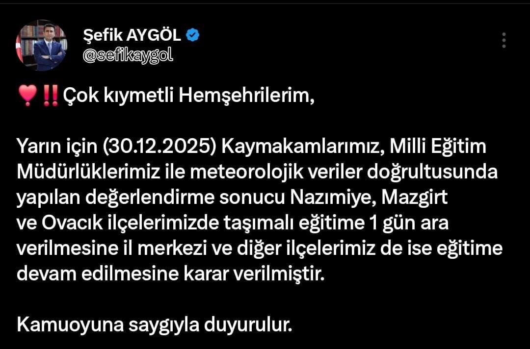 TUNCELİ'DE YOĞUN KAR YAĞIŞI VE BUZLANMA NEDENİYLE 3 İLÇEDE TAŞIMALI EĞİTİME 1 GÜNLÜK ARA...