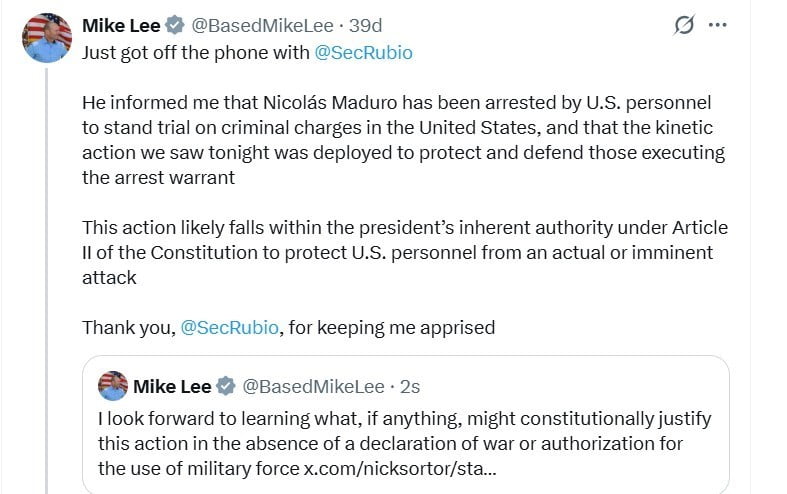 ABD'Lİ CUMHURİYETÇİ SENATÖR MİKE LEE, VENEZUELA'YA GERÇEKLEŞTİRİLEN SALDIRIYLA İLGİLİ ABD...