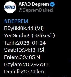 AFET VE ACİL DURUM YÖNETİMİ BAŞKANLIĞI (AFAD), BALIKESİR’DE 4.1 BÜYÜKLÜĞÜNDE DEPREM MEYDANA...